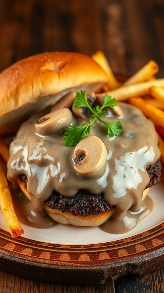 Juicy hamburger with mushroom gravy on a bun, served with fries on a rustic table.